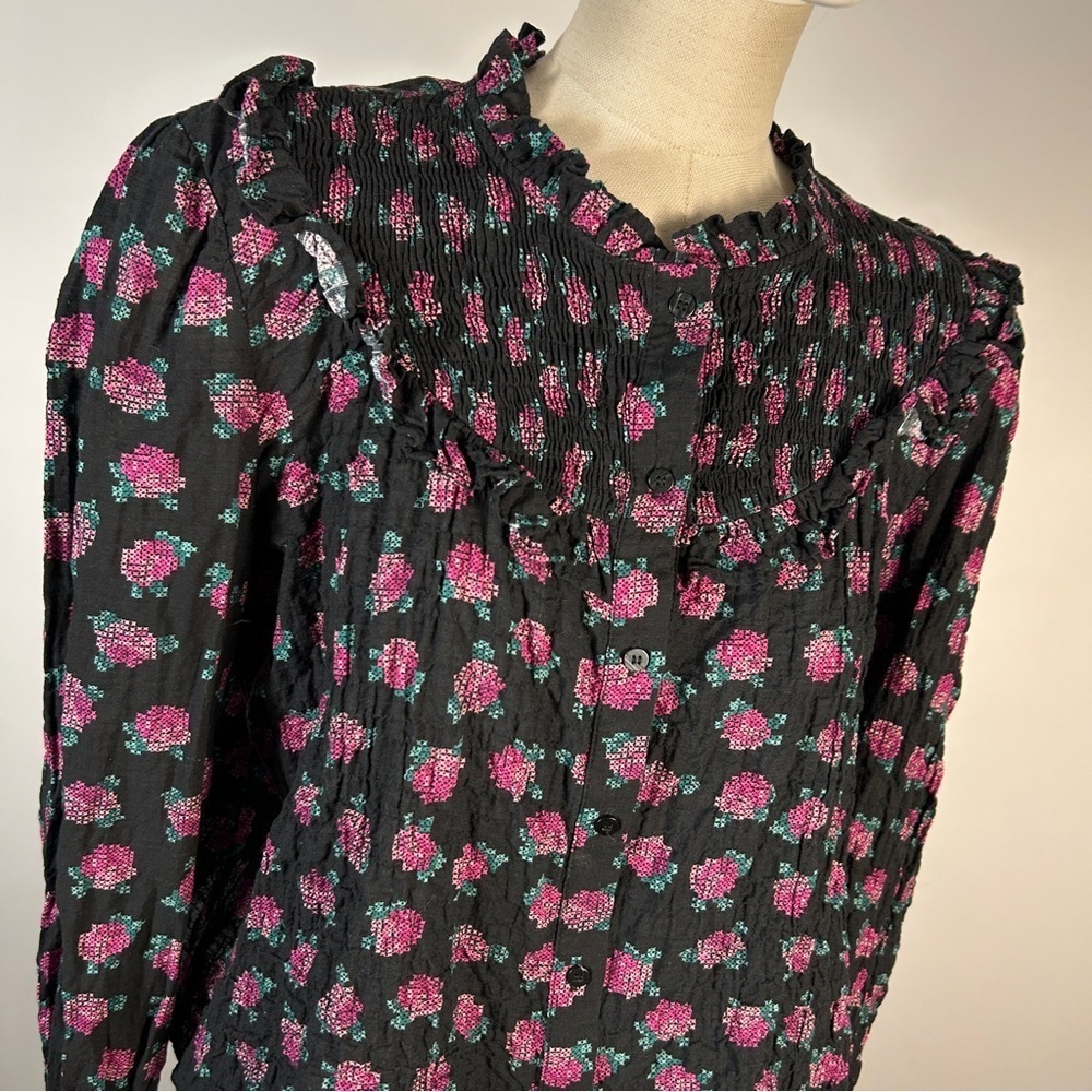 ❤️ Zara Dark Blouse with Pink Floral Design L - Picture 4 of 10